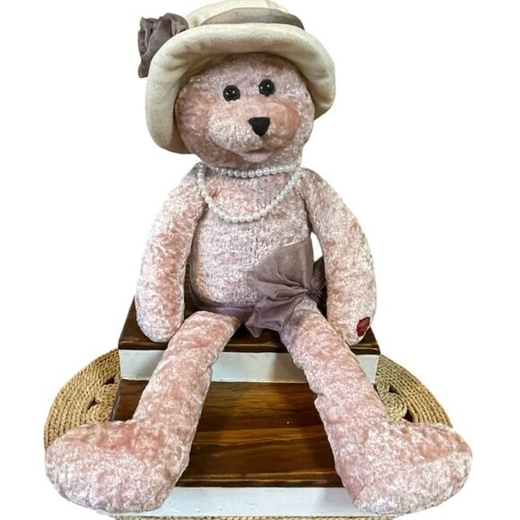 Vintage Chantilly Lane PBC LOVE PLUSH Pink Velvet Stuffed Bear Hat and Necklace - Picture 1 of 16